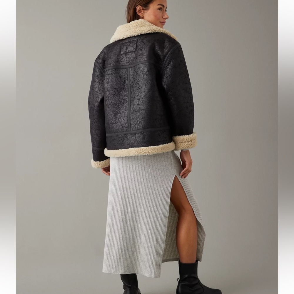 American Eagle AE Oversized Vegan Shearling Moto Jacket Black XL - Picture 5 of 16